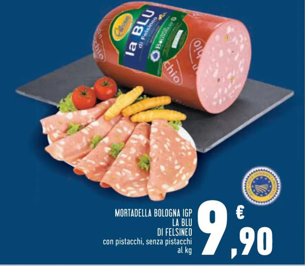 Conad Margherita MORTADELLA BOLOGNA IGP LA BLU DI FELSINEO con pistacchi, senza pistacchi al kg offerta