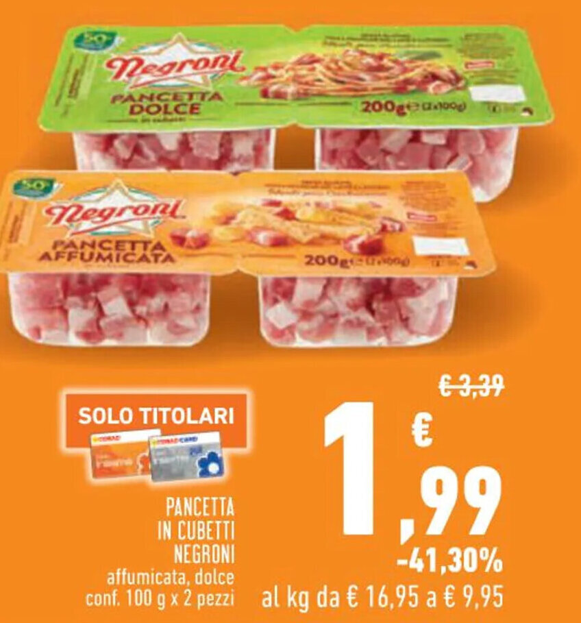 PANCETTA IN CUBETTI NEGRONI affumicata, dolce conf. 100 g x 2 pezzi al