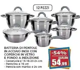 Batteria di pentole in acciaio inox con coperchi in vetro e fondo a induzione