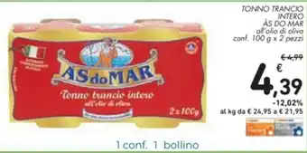 Spazio Conad Às Do Mar Intero Tonno Trancio 100g x 2 pezzi offerta