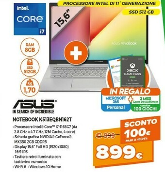 Expert Asus VivoBook 15 K513EQ-BN162T Computer Portatile 39,6 Cm (15.6") Full HD Intel® Core™ I7 Di Undicesima Generazione 8 GB DDR4 offerta