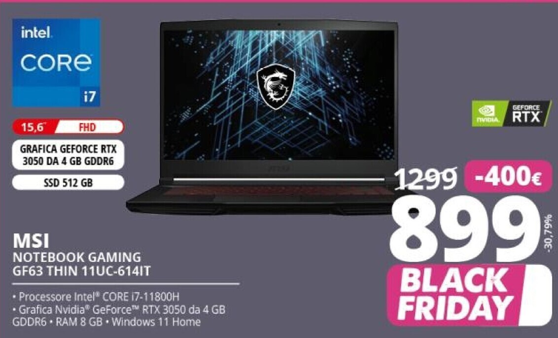 Comet Msi notebook gaming gf63 thin 11uc-614it offerta