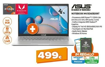 Expert Asus M415DA-EB206T Computer Portatile 35,6 Cm (14") Full HD AMD Ryzen 3 8 GB DDR4-SDRAM 256 GB SSD Wi-Fi 5 (802.11ac) Windows offerta