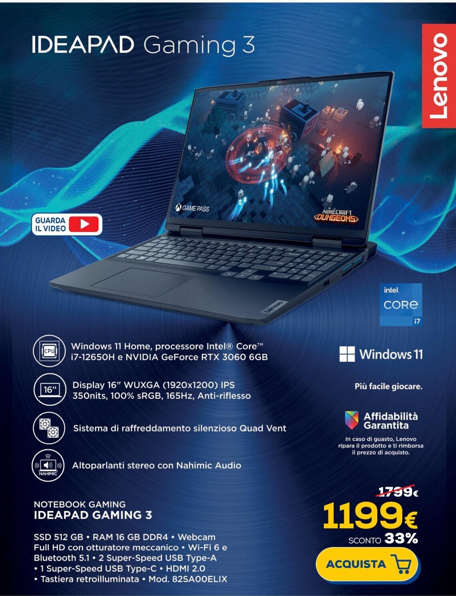 Euronics Lenovo NOTEBOOK GAMING IDEAPAD GAMING 3 offerta