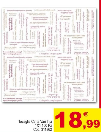 Centro Cash Tovaglia Carta Vari Tipi 1x1 100 pz offerta