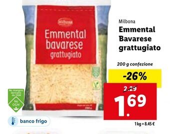 Lidl Milbona Emmental Bavarese grattugiato 200 g confezione offerta