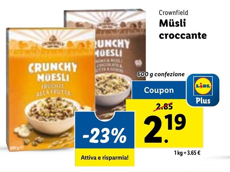 Crownfield Müsli croccante 600 g confezione offerta di Lidl