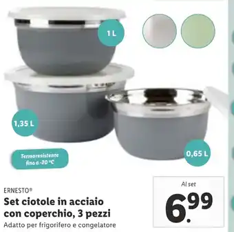 Lidl ERNESTO Set Set ciotole in acciaio con coperchio, 3 pezzi Adatto per frigorifero e congelatore Al set offerta