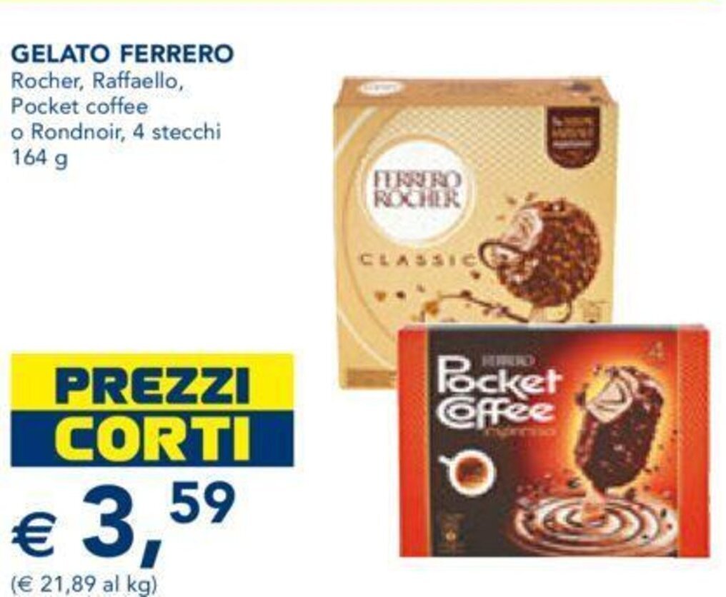 GELATO FERRERO Rocher, Raffaello, Pocket coffee o Rondnoir, 4 stecchi