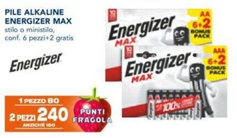 Esselunga PILE ALKALINE ENERGIZER MAX stilo o ministilo, conf. 6 pezzi+2 gratis offerta
