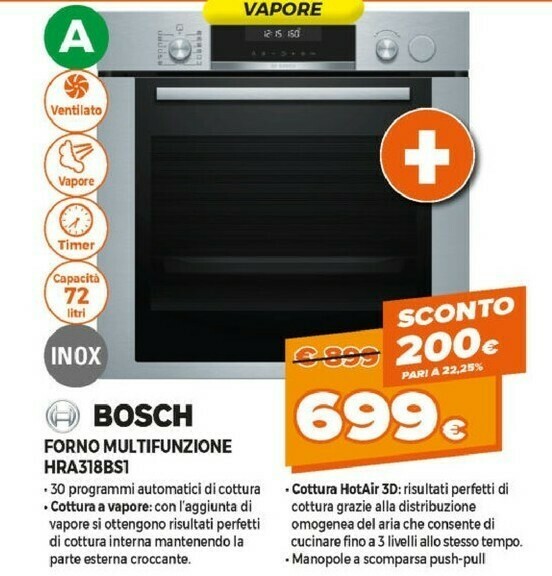 Bosch Bosch Serie 6 HRA318BS1 forno a vapore Media Acciaio inossidabile  Pulsanti, Manopola offerta di Expert