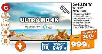 Expert Sony BRAVIA KD65X81J - Smart Tv 65 Pollici, 4k Ultra HD LED, HDR, Con Google TV (Nero, Modello 2021) offerta