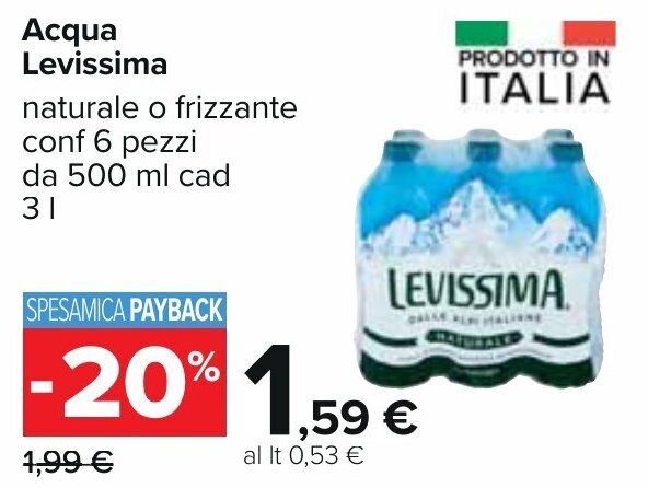 Carrefour Acqua Levissima naturale o frizzante conf 6 pezzi da 500 ml cad 3 l offerta