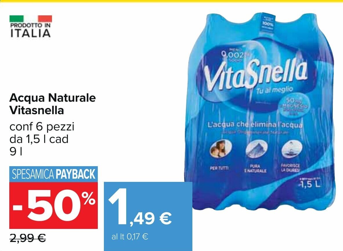 Carrefour Acqua Naturale Vitasnella conf 6 pezzi da 1,5 I cad 9 l offerta