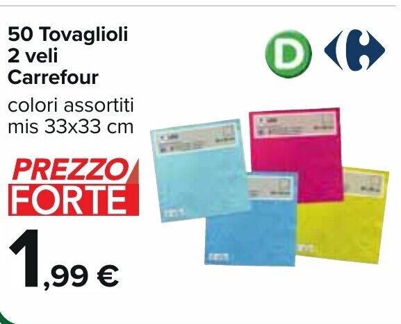 Carrefour 50 Tovaglioli 2 veli Carrefour colori assortiti mis 33x33 cm offerta