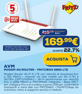 Euronics AVM MODEM 4G/ROUTER - FRITZ!BOX 6850 LTE offerta