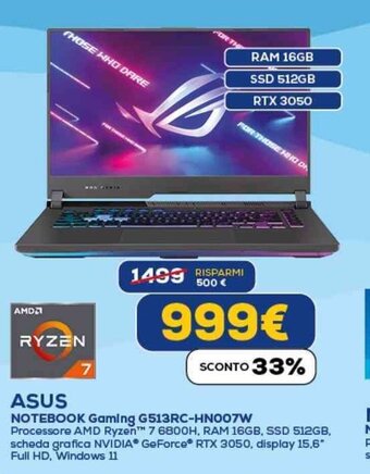 Euronics ASUS NOTEBOOK Gaming G513RC-HN007W offerta