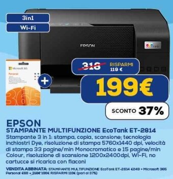 Euronics EPSON STAMPANTE MULTIFUNZIONE EcoTank ET-2814 offerta