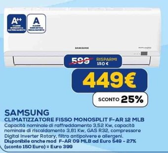 Euronics SAMSUNG CLIMATIZZATORE FISSO MONOSPLIT F-AR 12 MLB offerta