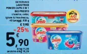 Conad DETERSNO LAVATRICE POWER CAPS 3 IN 1 BIO PRESTO classico, coloc iglene & freschezza, 40 Lavaggl, 520 g offerta