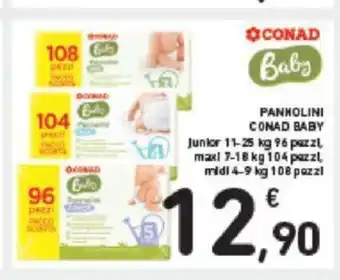 Conad PANNOLINI CONAD BABY Junior 11-25 kg 96 pazzi, maxi 7-18 kg 104 pazzl midl 4-9 kg 108 pezzi offerta