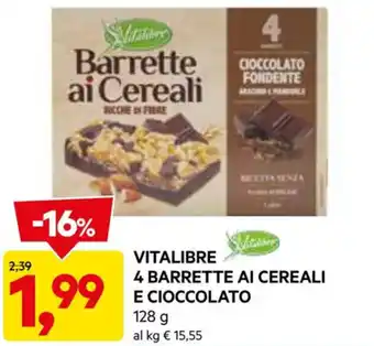 DPiù VITALIBRE 4 BARRETTE AI CEREALI E CIOCCOLATO 128 G offerta