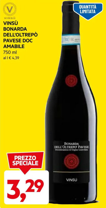 DPiù VINSU BONARDA DELL'OLTREPO PAVESE DOC AMABILE 750 ml offerta