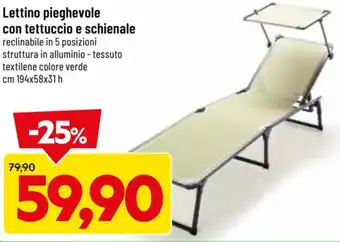 DPiù Lettino pieghevole con tettuccio e schienale cm 194x58x31 h offerta