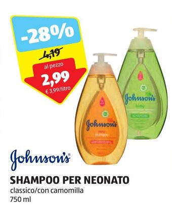 ALDI Johnson's SHAMPOO PER NEONATO classico/con camomilla 750 ml offerta