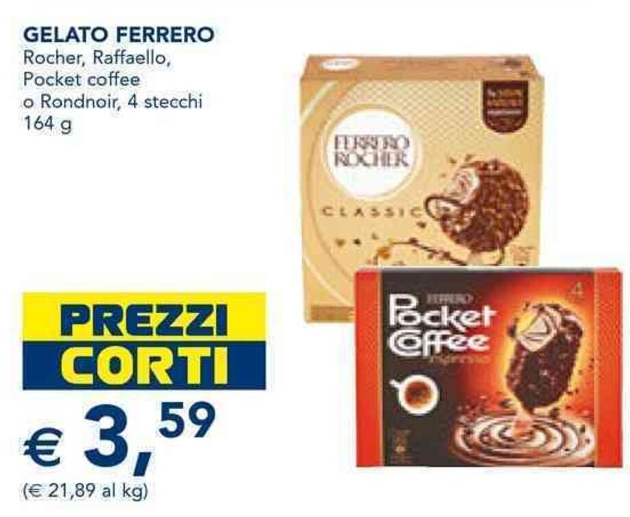 GELATO FERRERO Rocher, Raffaello, Pocket coffee o Rondnoir, 4 stecchi