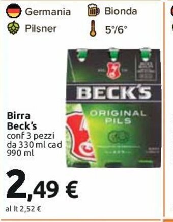 Carrefour Birra Beck's conf 3 pezzi da 330 ml cad 990 ml offerta
