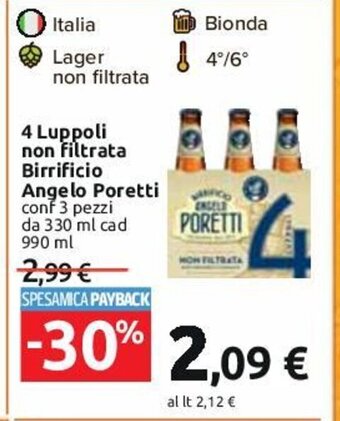 Carrefour 4 Luppoli non filtrata Birrificio Angelo Poretti conf 3 pezzi da 330 ml cad 990 ml offerta