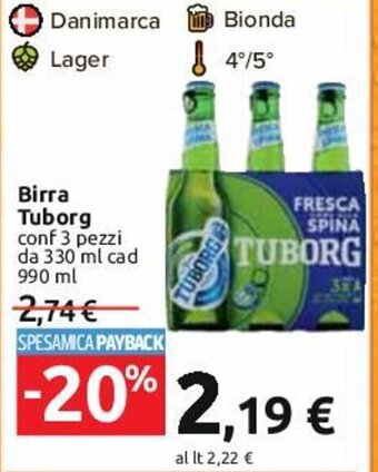 Carrefour Birra Tuborg conf 3 pezzi da 330 ml cad 990 ml offerta