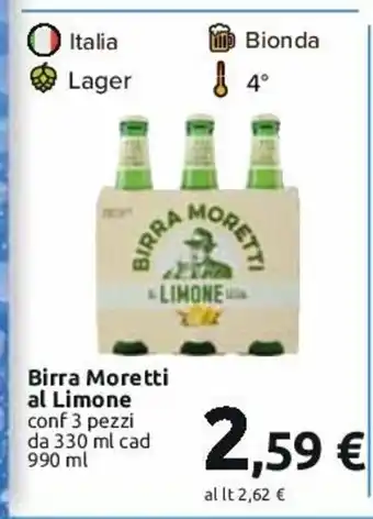 Carrefour Birra Moretti al Limone conf 3 pezzi da 330 ml cad 990 ml offerta