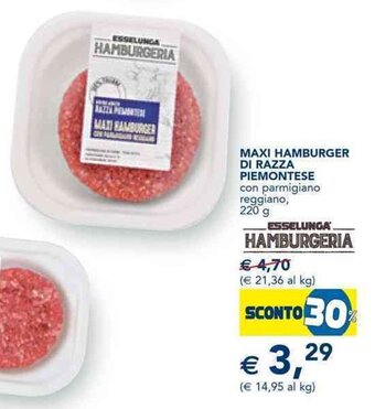 Esselunga MAXI HAMBURGER DI RAZZA PIEMONTESE con parmigiano reggiano, 220 g offerta