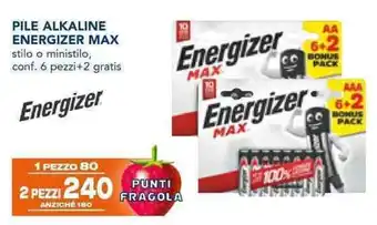 Esselunga PILE ALKALINE ENERGIZER MAX stilo o ministilo, conf. 6 pezzi+2 gratis offerta