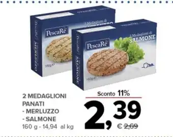 Todis 2 MEDAGLIONI PANATI -MERLUZZO - SALMONE 160 g offerta