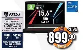Unieuro Msi gaming gf63 12udx-052it thin i7-12650h computer portatile 39,6 cm (15.6) full hd intel® core™ i7 8 gb ddr4-sdram 512 gb s offerta
