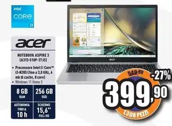Unieuro Acer aspire 3 a315-510p-37j5 i3-n305 computer portatile 39,6 cm (15.6) full hd intel® core™ i3 8 gb ddr5-sdram 256 gb ssd wi- offerta