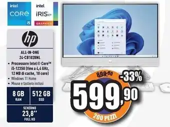 Unieuro Hp 24-cb1028nl intel® core™ i5 60,5 cm (23.8) 1920 x 1080 pixel 8 gb ddr4-sdram 512 gb ssd pc all-in-one windows 11 home wi-f offerta