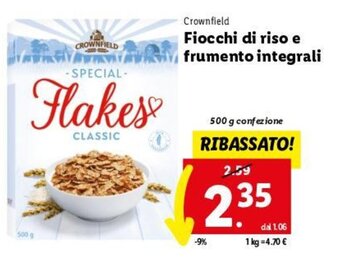 Lidl Crownfield Fiocchi di riso e frumento integrali 500 g offerta
