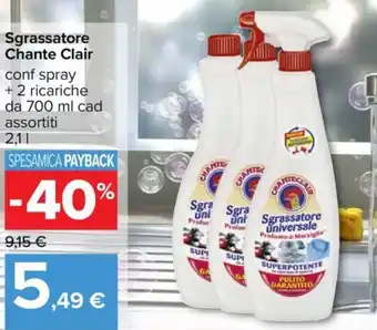 Carrefour Sgrassatore Chante Clair conf spray + 2 ricariche da 700 ml cad assortiti offerta