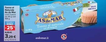 Carrefour Tonno al Naturale As do Mar conf 3 pezzi da 56 g cad 168 g offerta
