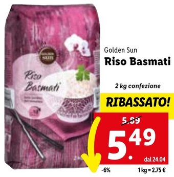 Lidl Golden Sun Riso Basmati 2 kg confezione offerta