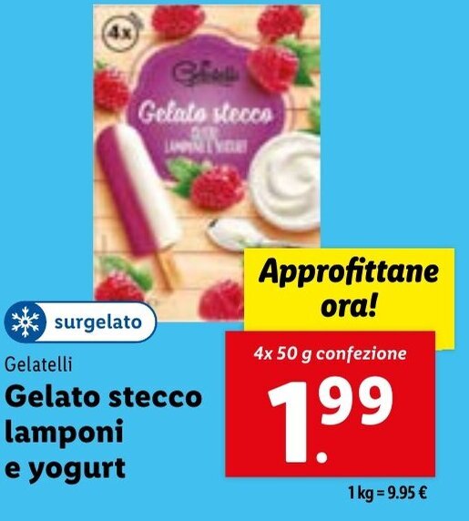 *surgelato Gelatelli Gelato stecco lamponi e yogurt 4x 50 g confezione