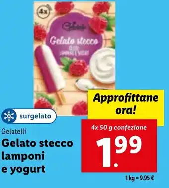 Lidl *surgelato Gelatelli Gelato stecco lamponi e yogurt 4x 50 g confezione offerta