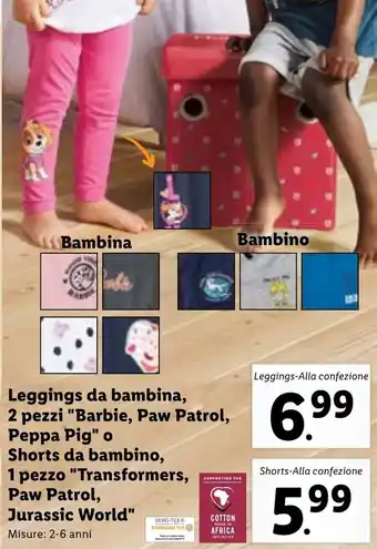 Lidl Leggings da bambina, 2 pezzi "Barbie, Paw Patrol, Peppa Pig" o Shorts da bambino, 1 pezzo "Transformers, Paw Patrol, offerta