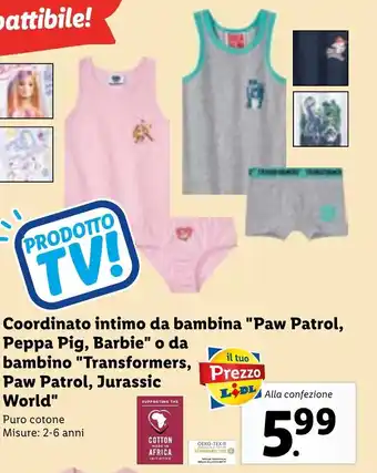 Lidl Coordinato intimo da bambina "Paw Patrol, Peppa Pig, Barbie" o da bambino "Transformers, Paw Patrol, Jurassic World" offerta