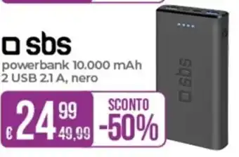 SBS powerbank 10.000 mAh 2 USB 2.1 A, nero