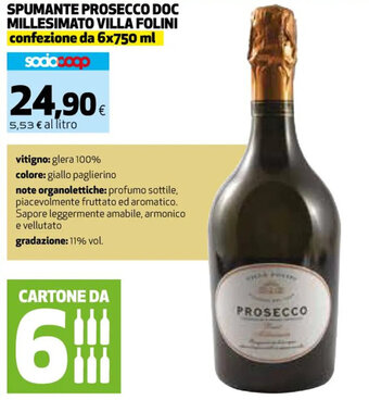 Coop SPUMANTE PROSECCO DOC MILLESIMATO VILLA FOLINI confezione da 6x750 ml offerta